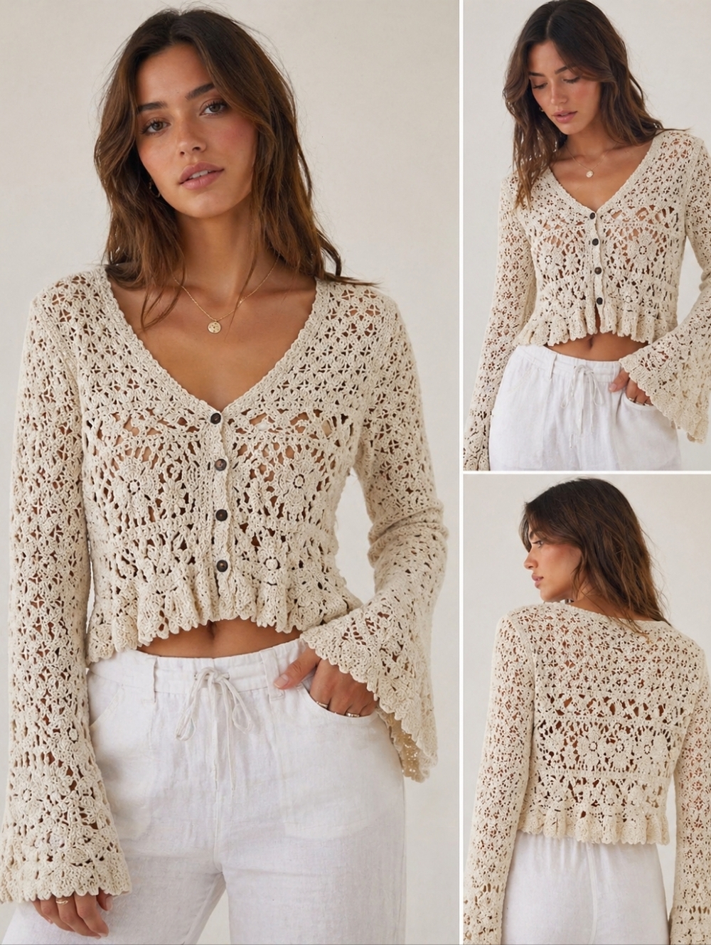 REBELLION Agam Crochet Button Front Short Sleeve Cardigan Sweater Cream Sz L